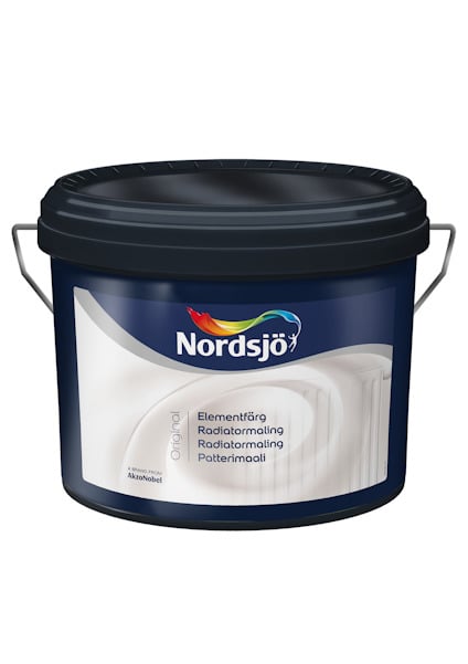 Hink med Nordsjö original elementfärg och lock, etikett visar text och grafisk design.