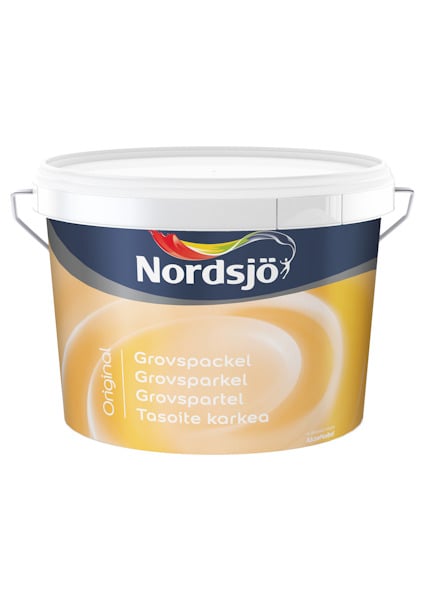 En vit hink med Nordsjö-märke, texten "Grovspackel, Grovspartel, Tasoitte karkeä" och en vit lock överst.