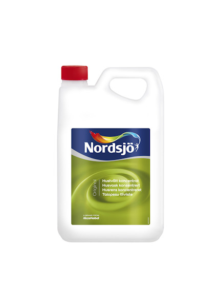 Vit plastdunk med grönt och blått Nordsjö-märke, rött lock, för utomhustvätt.