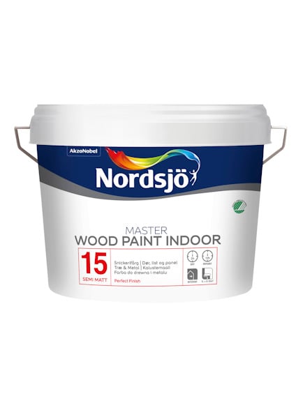 Vit färgburk med etikett "Nordsjö Master Wood Paint Indoor".