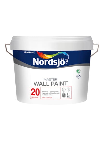 Hink med Nordsjö väggfärg, etikett med texten "MASTER WALL PAINT 20" och logotyper.