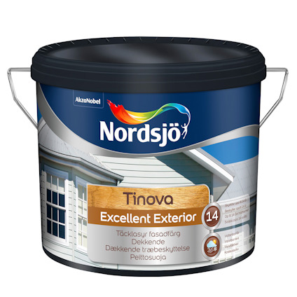 Hink med färg från Nordsjö, märkt "Tinova Excellent Exterior", med bild av ett hus i bakgrunden.
