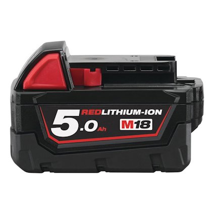 Svart och rött litiumjonbatteri med märkningen "5.0 Ah REDLITHIUM-ION M18" på sidan.