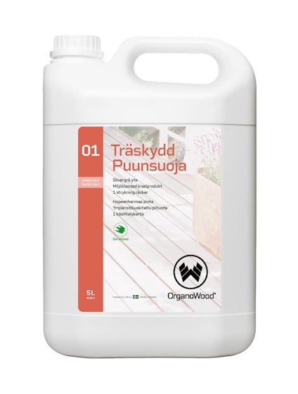 Vit plastdunk med etikett som har texten "Träskydd 01" och "OrganoWood", innehåller 5 liter.