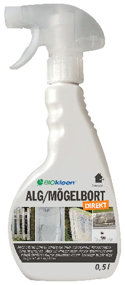 Sprayflaska med etikett: "Biokleen Alg/Mögelbort DIREKT", 0,5 liter.