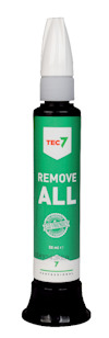 Grön och vit flaska med texten "TEC7 REMOVE ALL" och en vit kork.