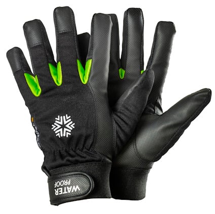 Svarta och gröna arbetshandskar av syntetläder med texten "WATER PROOF" på en justerbar rem.