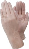 Två beige engångshandskar av nitril, uppvisade med ena handflatan och andra handens ovansida synliga.