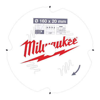 Cirkelsågklinga med vit bakgrund, Milwaukee-logotyp och texten "Ø 160 x 20 mm".