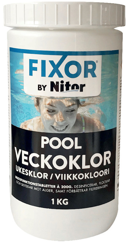 Förpackning av Fixor Nitor veckoklor för pool, 1 kg, med bild av simmande person.