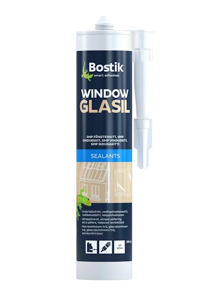 Fönsterkitt Bostik Glasil i vit tub med blå etikett och text, utrustad med pip för applicering.