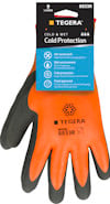 Orange syntetdoppad handske med svart grepp och blå etikett med texten "COLD & WET Cold Protection" och modellen "TEGERA 8833R".