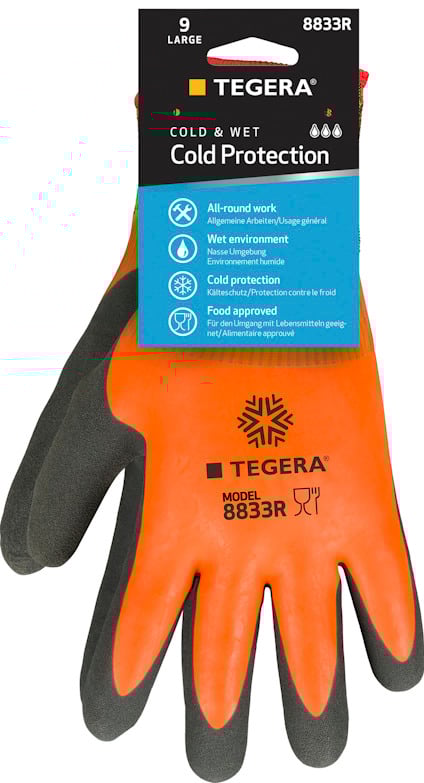 Orange syntetdoppad handske med svart grepp och blå etikett med texten "COLD & WET Cold Protection" och modellen "TEGERA 8833R".