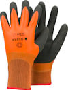 Skyddshandskar i orange och svart med ribbad manschett, märkta "TEGERA 8334".