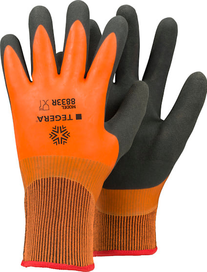 Skyddshandskar i orange och svart med ribbad manschett, märkta "TEGERA 8334".