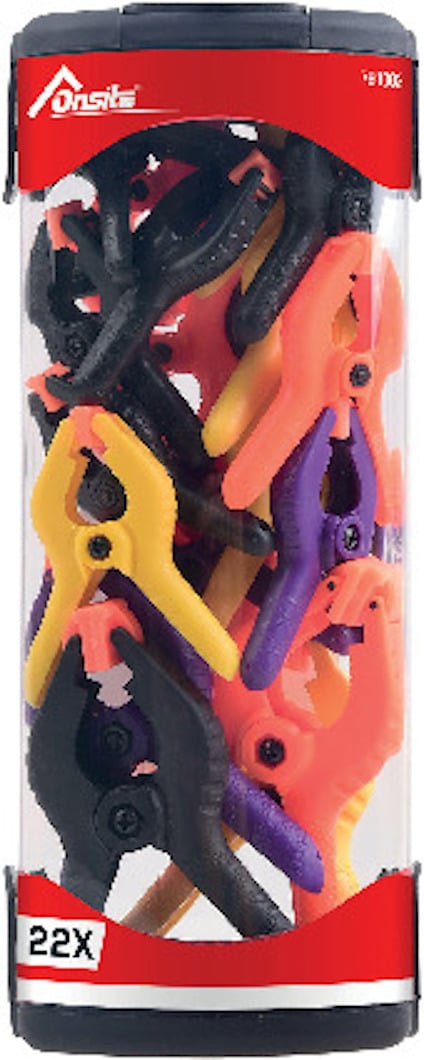 Plastcylinder innehållande flerfärgade klämmor i olika storlekar, märkt "Onsite" och "22X".