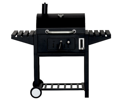 Svart kolgrill med två sidobord, skorsten, ventilationskontroll och hjul för enkel transport.