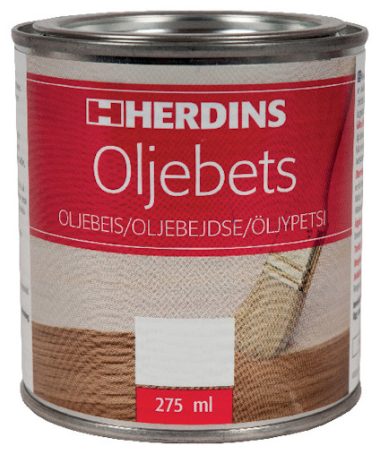 Burk med etikett "Herdins Oljebets". Visar en pensel och träyta. Volym anges som 275 ml.