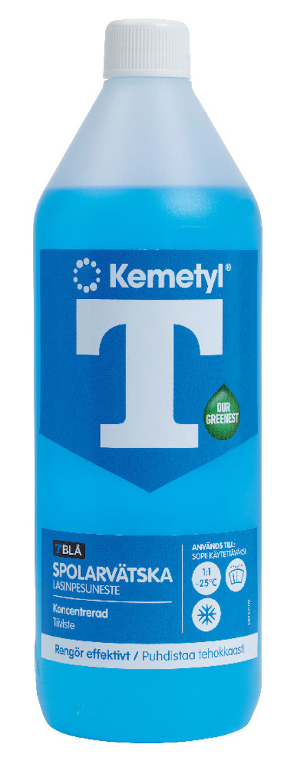 Blå flaska med etikett "Kemethyl T Blå Spolarvätska Koncentrerad".