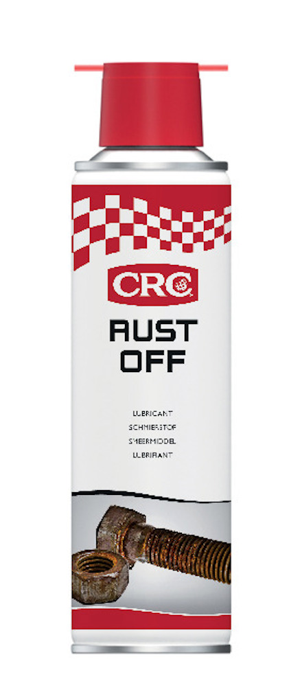 Sprayburk med etikett "CRC RUST OFF" och en bild på en rostig skruv.