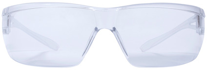 Klar skyddsglasögon med transparenta linser och vita bågar, sedd framifrån.