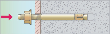 Expansionsbult i genomskärning monterad i betong, med pil som indikerar installationsriktning.