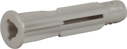 Vit universalplugg med slitsad kropp och cylindrisk form, liggande horisontellt mot grå bakgrund.