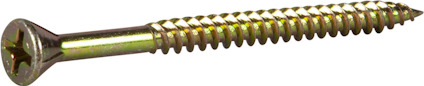Gulkromaterad skruv med stjärnformad PH2-spårhuvud och grovt gängat skaft.