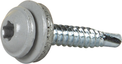 Metallisk skruv med bricka och silverfärgad beläggning, topp med sexkantsspor för skruvmejsel.