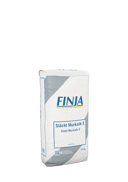 Förpackning av släckt murkalk E från Finja, 10 kg, med blå och gula detaljer.