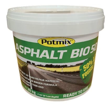 Förpackning med Potmix Asphalt Bio 50, 20 kg. Vit hink med grön etikett och text på engelska.