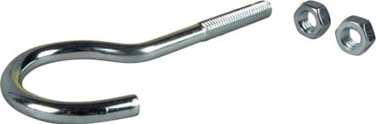 U-formad bult med gängor och två hexagonala muttrar, i metall.