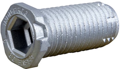 Sexkantsmutter i zinklegering med text "INDU-PROG" på en träram.