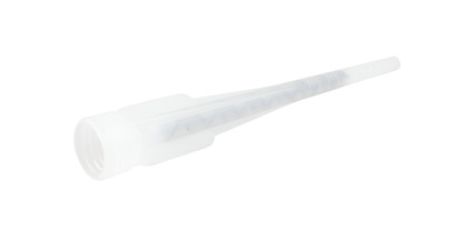 Transparent blandarmunstycke av plast med avsmalnande form.