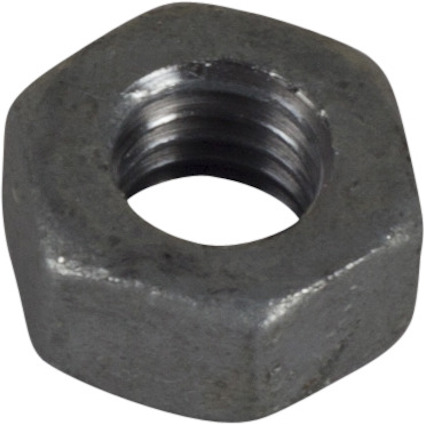 Sexkantsmutter i metall med synlig gänga inuti.