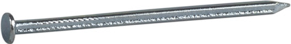 En räfflad trådspik med blank metallisk yta, avsmalnande mot spetsen och en platt huvud.