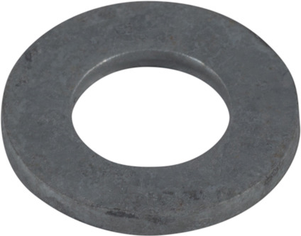 Metallisk, rund planbricka med ett cirkulärt mitt hål på grå bakgrund.