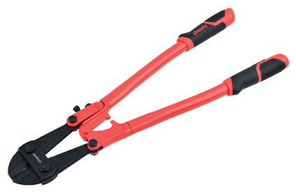 Domkraft med röda handtag och svarta käftar.