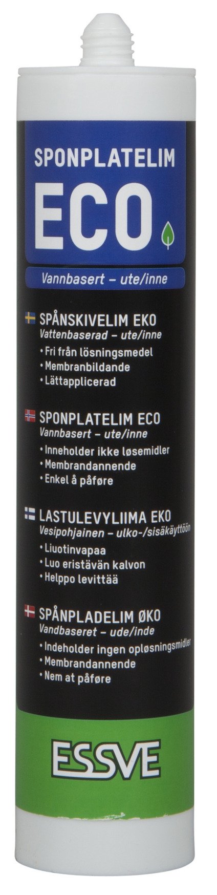 Tub av lim märkt "SPONPLATELIM ECO" med text på flera språk och ESSVE-logotyp i grönt.