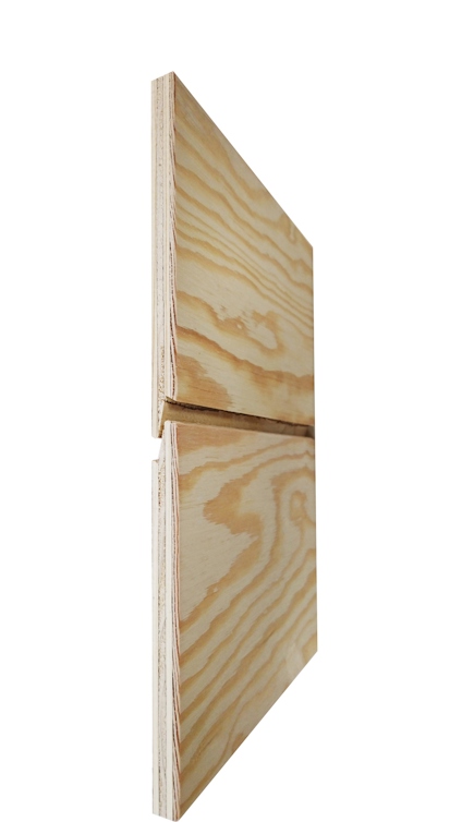 Två skivor av plywood med en skarv mellan dem, visade från sidan.