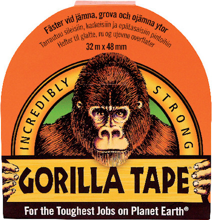 Förpackning med Gorilla Tape, visar en illustration av en gorilla och texten "Incredibly Strong" och "For the Toughest Jobs on Planet Earth".