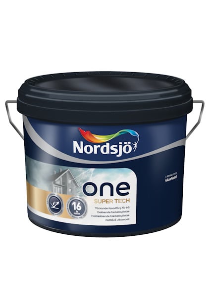Mörkblå burk med svart lock och grå etikett. Text: "Nordsjö", "one SUPER TECH", "16". Bild av ett husfasad.