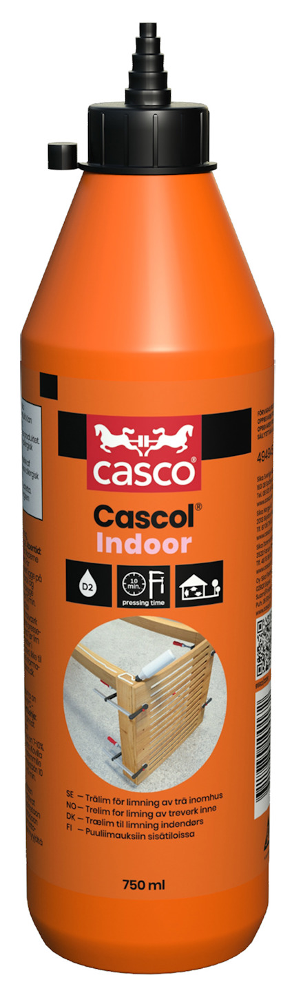 Orange flaska med etikett märkt "Cascol Indoor", bild av trä och limapplikationer.