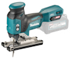 Makita sticksåg med bodygrip, blå och svart med synligt sågblad och batterifäste.