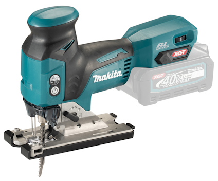 Makita sticksåg med bodygrip, blå och svart med synligt sågblad och batterifäste.