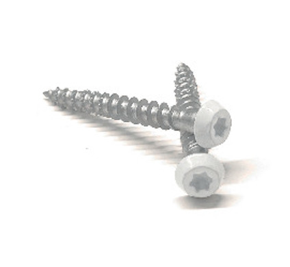 Två vita skruvar med sexkantiga huvuden ligger korsade mot en vit bakgrund.