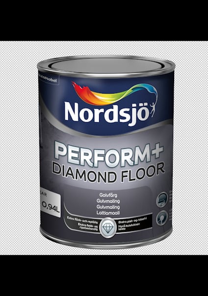 Färgpyts med etiketten "Nordsjö Perform+ Diamond Floor" i grå nyans.