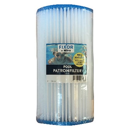 Patronfilter för pool med vitt veckat material och blå ändar, märkt "Fixor by Nitor Pool Patronfilter".