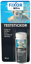 Förpackning med "Teststickor" från Fixor, visar en simmande person. Innehåll: 50 teststickor för klor, brom och pH-värde.