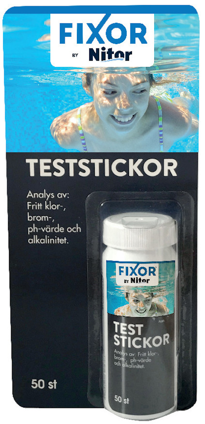 Förpackning med "Teststickor" från Fixor, visar en simmande person. Innehåll: 50 teststickor för klor, brom och pH-värde.